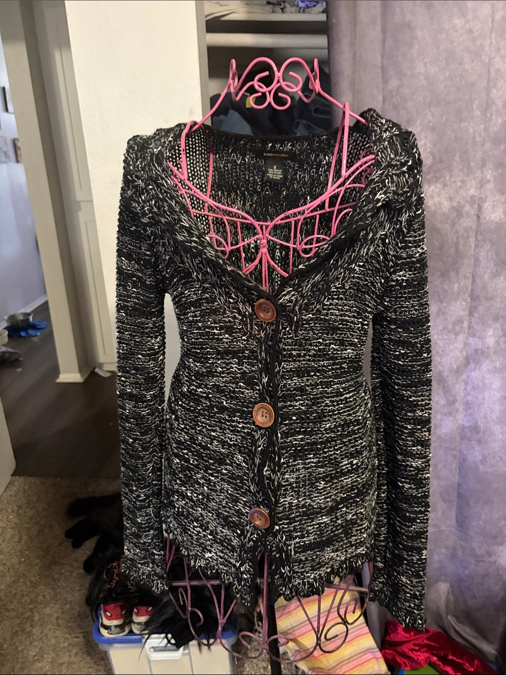 BCBGMaxAzria Black & White Open Weave Knit Cardigan
